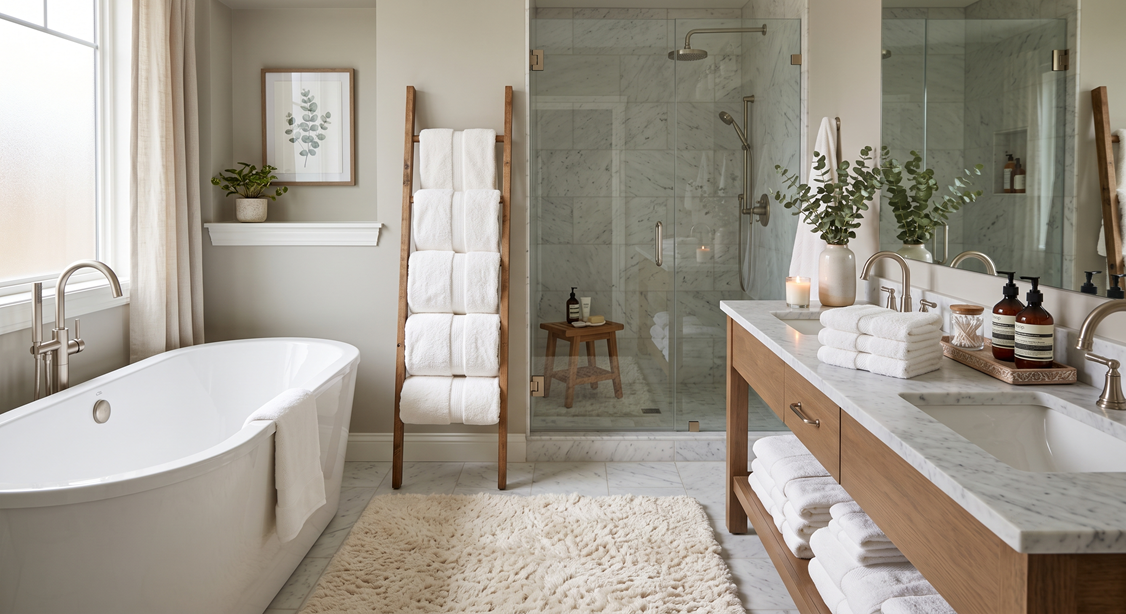 Fresh towels and bath linen arranged in a bathroom