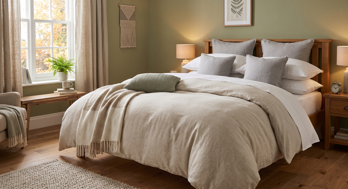 Fresh bed linen arranged in a bedroom